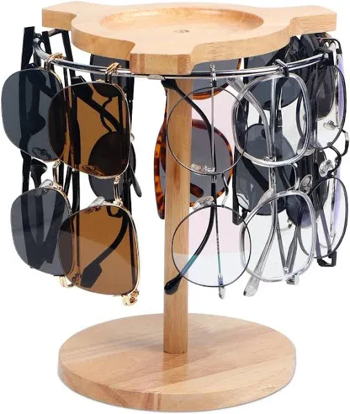 Sunglasses Organizer Glasses Holder Stand with 360 Rotating Display Eyeglasses Rack Wood Base for up to 12 Pairs of Eyewear for Table Dresser Desk