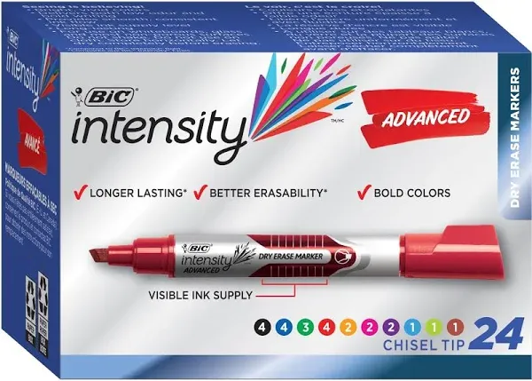 Bic Intensity Advanced Dry Erase Marker, Chisel Tip, Assorted Colors, 24 Pack