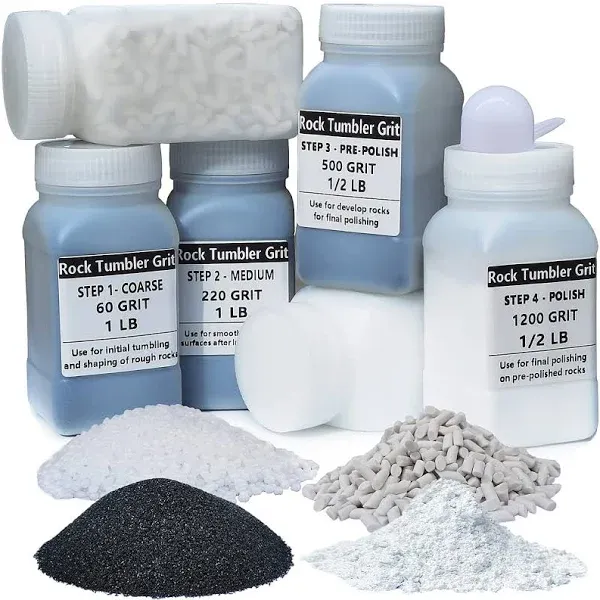 HDongany 4.5 LBS Rock Tumbler Grit Media Complete Kit -Inculde 4 Steps Grits + Plastic Pellets + Ceramic Filler Media