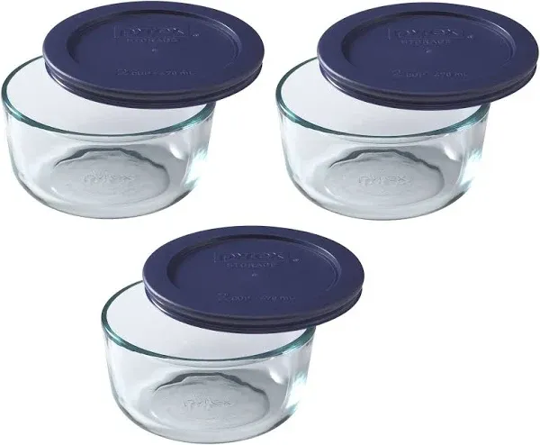 Nonporous Glass Storage Dishes with Blue Plastic Covers - 2-Cup Pack of 3