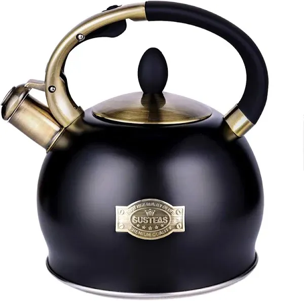 SUSTEAS Stove Top Whistling Tea Kettle-Surgical Stainless Steel Teakettle Teapot with Cool Touch Ergonomic Handle,1 Free Silicone Pinch Mitt Included,2.64 Quart(BLACK)