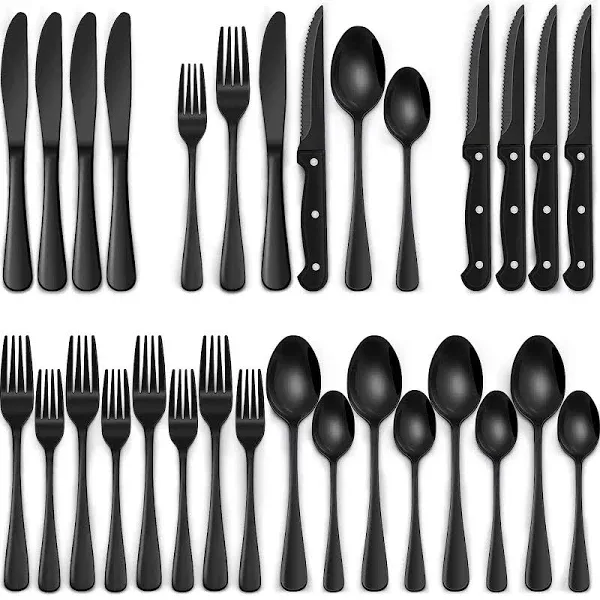 24 Pieces Black Silverware Set, Black Flatware Set, Food-Stainless Steel Cutl...