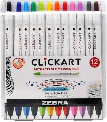 Zebra Clickart Porous Point Pen, Retractable, Fine 0.6 mm, Assorted Ink Colors, White Barrel, 12/Pack