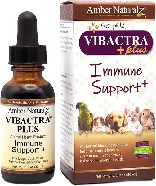 Amber NaturalZ Vibactra Plus Herbal Supplement for Dogs, Cats, Birds, Guinea Pigs, and Rabbits | Herbs for Immune Health and Yeast Balance | 1 Fluid Ounce Glass Bottle | Manufactured in The USA