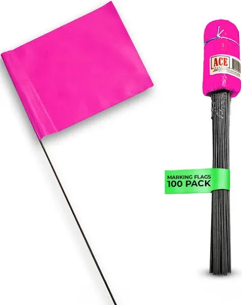 Fluorescent Pink Marking Flags, 100 Pack - 4x5-Inch Marker Flags - 15-Inch Wire - for Lawn, Irrigation, Dog Training, Landscape, Survey