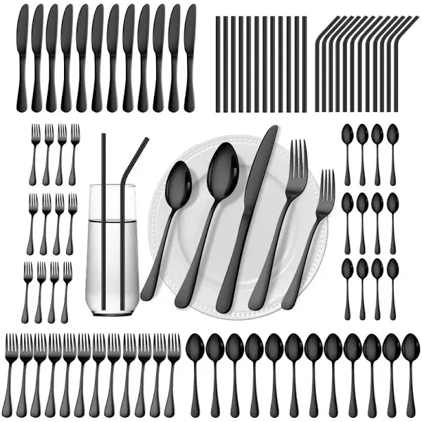 84 Pieces Black Silverware Set Service for 12 Flatware Set with Straws Stainless Steel Utensils Cutlery Set Dishwasher Safe