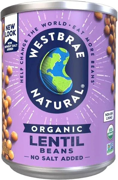 WESTBRAE 15 oz Natural Organic Lentil Beans, No Salt Added, Source of Plant Based Protein and Fiber, Low Fat, Gluten Free, (Pack of 12)