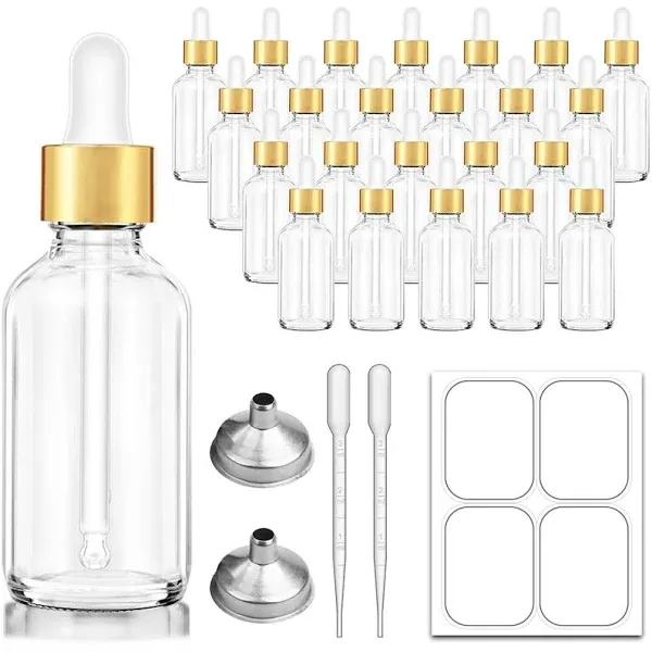 2 oz Dropper Bottle, 24 pack Clear Glass Eye Dropper Bottles with Golden Top Cap for Essential Oils, Tincture Bottle with Labels and Funnel