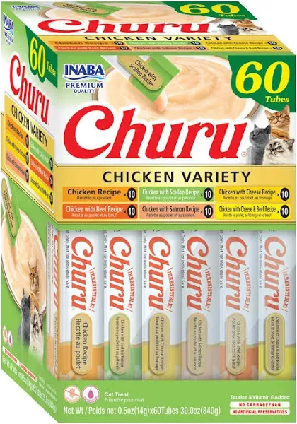 120 count Churu Chicken Variety Creamy Puree Grain-Free Lickable Cat Treats