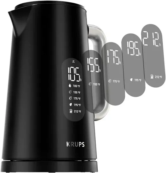 KRUPS: 1.7L Electric Kettle, Smart Temp Plastic and Stainless Steel Electric Kettle, Electric Tea Kettle, Cordless Black Temperature Control Tea Kettle