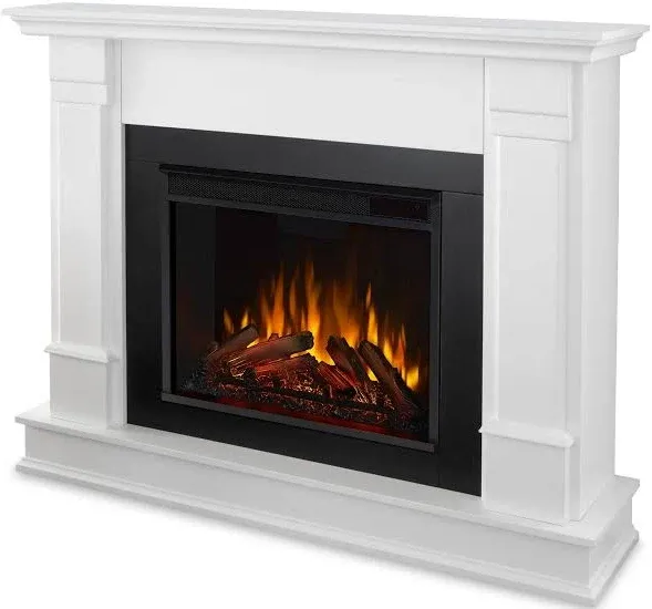 Real Flame Silverton 48” Electric Fireplace with Mantel for Living Room or Bedroom, Replaceable Fireplace Insert Heater, Realistic Log and Flame Effect, Remote Control, Timer, White