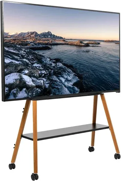 VIVO Rolling Artistic Easel 49 to 75 inch LED LCD Screen Mobile Studio TV Display Stand, Wood Accessory Shelf, Adjustable TV Mount with 4 Walnut Legs, Black Frame, STAND-TV75R