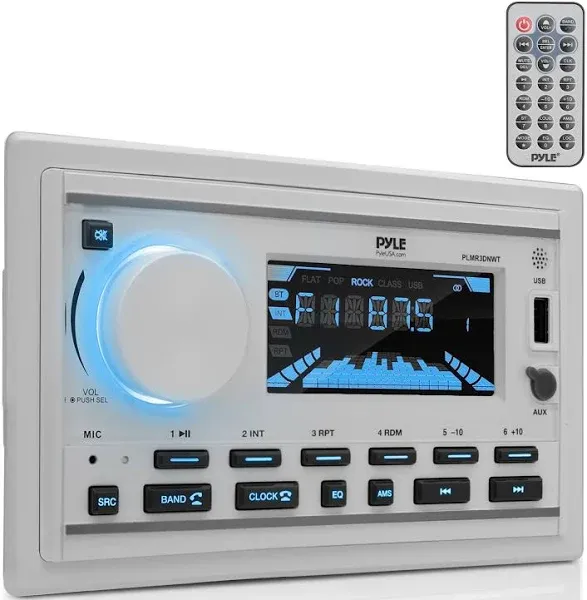 Pyle Boat Bluetooth Marine Stereo Receiver-Marine Head Unit Double DIN Stereo Receiver Power Amplifier&Speaker Kit-Hands-Free Calling,AM/FM/MP3/BT/USB/AUX-Remote,Speakers-Pyle PLMR3DNWT(White)