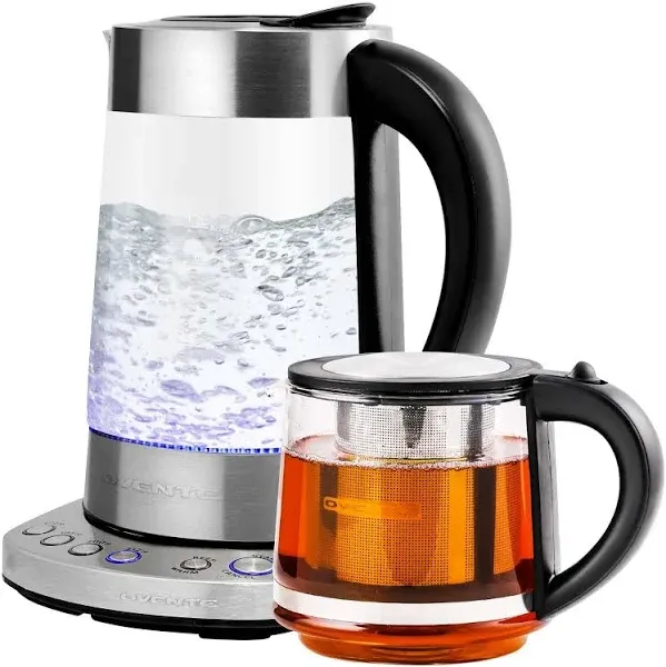 Ovente 1.7 Liter, BPA-Free Electric Glass Hot Water Kettle with Stainless-Steel Infuser and ProntoFill Technology, Teapot Infuser Perfect for Tea (KG733S+FGK27B)