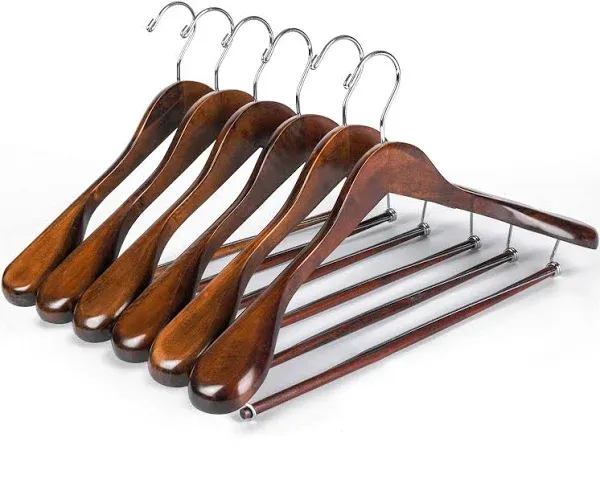 Luxury Wide Shoulder Wooden Hangers 6 Pack, with Locking Bar, Smooth Retro Finish Wood Suit Hanger Coat Hanger for Closet, Holds Up to 20lbs, 360° Swivel Hook, for Jacket, Dress Heavy Clothes Hangers