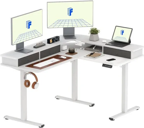 FLEXISPOT 55'' L Shaped Standing Desk Electric Corner Table with Monitor Shelf, 3 Storage Drawers, Adjustable Computer Workstation for Home, Office, Game, Studio, USB Charger, White Top + White Frame