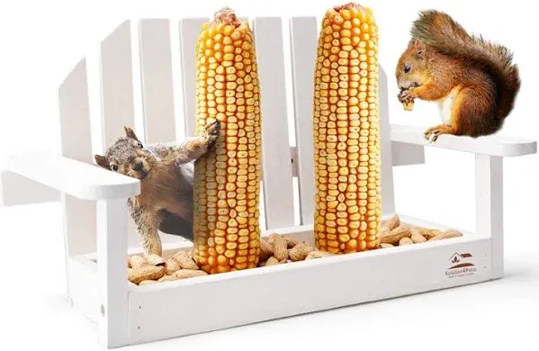 Solution4Patio White Bench Chair with Chipmunk & Squirrel Feeder