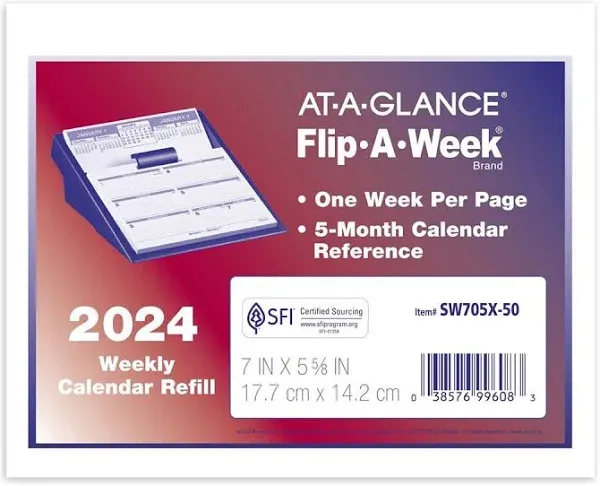 AT-A-GLANCE 2024 Flip-A-Week Weekly Desk Calendar Refill, 6" x 7" (SW705X5024)