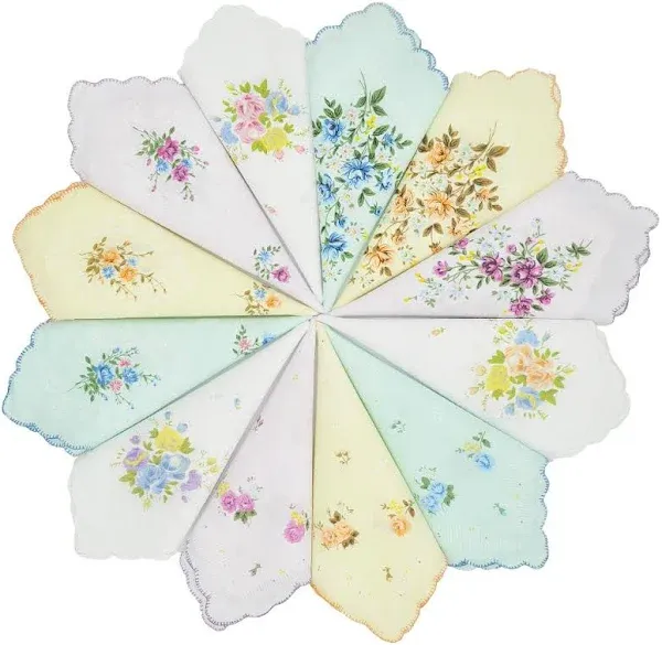 GB Women&#039;s 100% Cotton Handkerchiefs Assorted with Wavy Edge and Print Floral...