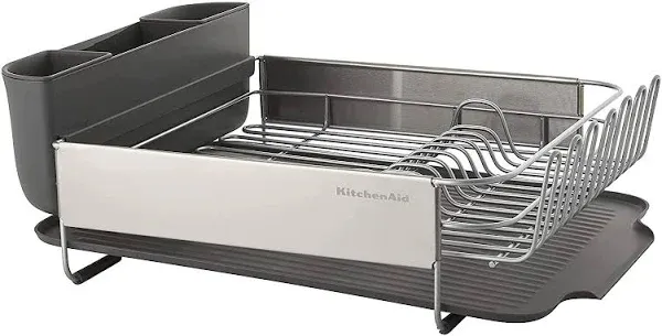 KitchenAid Large Capacity, Fully Size Self Draining Rust Resistatant Satin Coated Dish Rack with Removable Flatware Caddy 20.47-Inch, Gray