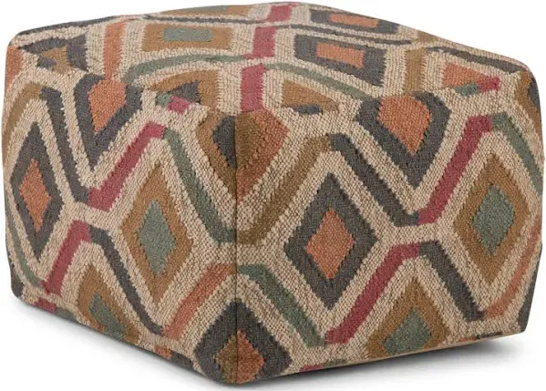 SIMPLIHOME Johanna Boho Round Pouf in Multi-Color Jute Woven KILIM Pattern, for the Living Room, Family Room, Bedroom and Kids Room, Comfortably cushioned