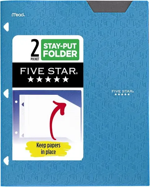 Five Star 2-Pocket Folder, Plastic Folder with Stay-Put Tabs, Fits 3 Ring Binder, Holds 8-1/2" x 11" Paper, Blue (333420H-ECM)