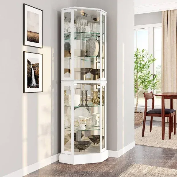 Belleze Lighted Curio Cabinet Corner Display Case for Living Room, China Hutch with Tempered Glass Doors and Shelves, Wooden Accent Cabinet, Bar and