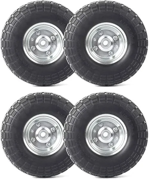 4.10/3.50-4&#034; Flat Free Tire and Wheel (4-Pack) - 10 Inch Solid Rubber Tires w...