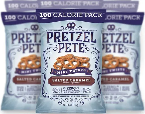 Pretzel Pete Seasoned Mini Twist Pretzels, Salted Caramel, 100 Calorie Bag (Pack of 24)