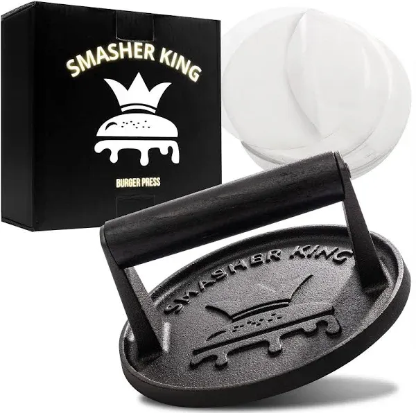 SMASHER KING™ - Premium Cast Iron Smash Burger Press incl. 25 pcs of Patty Paper, Burger Smasher for Griddle with Black Wood Handle, Perfect Hamburger Press, Meat Press, Bacon Press, Sandwich Press