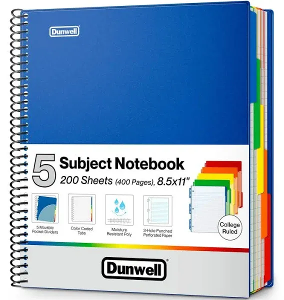 Dunwell 5-Subject Notebook College Ruled 8.5 X 11, 200 Sheets (400 Pages), Spira