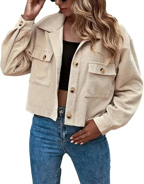 Women&#039;s Fashion Cropped Shacket Button Down Corduroy Shacket Jackets Short Coat