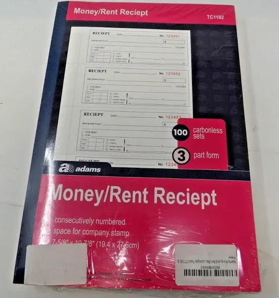 Adams Money and Rent Receipt Books, 3-Part Carbonless, 7-5/8&#034; X 10-7/8&#034;, Bound