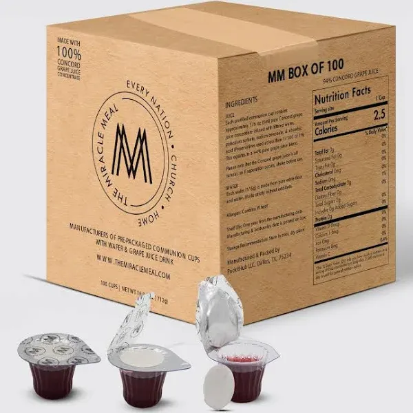 The Miracle Meal Pre-filled Communion Cups and Wafer Set - Box of 100 - Made with Concord Grape Juice & Wafer-Made in the USA