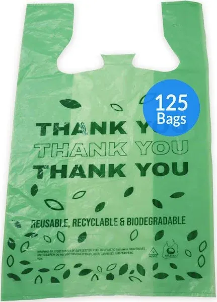 Reli. Biodegradable Thank You Bags | 125 Count | Biodegradable Shopping Bags, Grocery Bags/Restaurant | Oxobiodegradable Plastic Bags | 11.5" x 6.5" x 22" | Green T-Shirt Bags