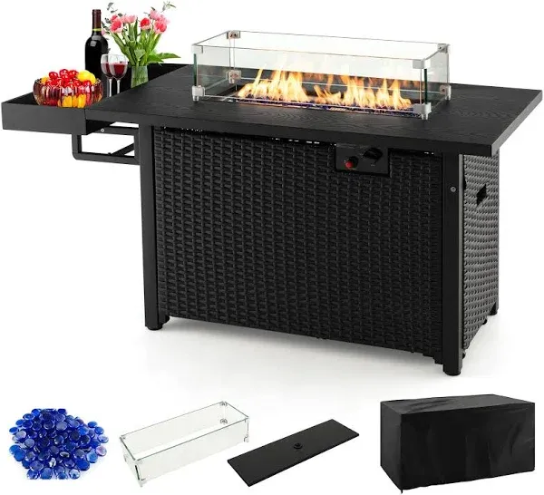 52 Inches Outdoor Wicker Gas Fire Pit Propane Fire Table with Cover-Black | Costway