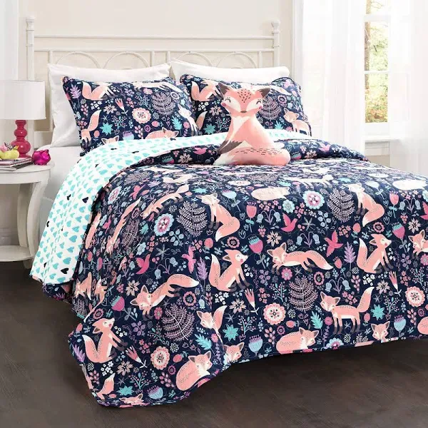 Lush Decor 16T000549 Pixie Fox 4-Piece Quilt Set, Navy, Full/Queen