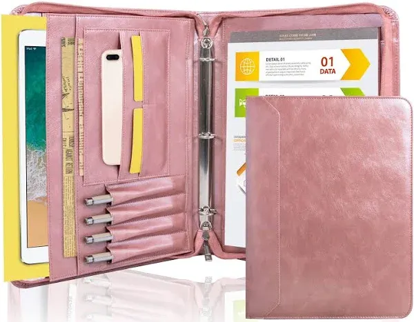 Zipper Binder Portfolio for Women, 3 Ring Binders 1 Inch, PU Leather Padfolio