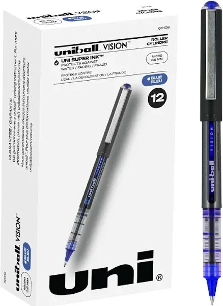 Uni-Ball 60106 Vision Black Ink with Black / Gray Barrel 0.5mm Roller Ball Stick Pen - 12/Pack