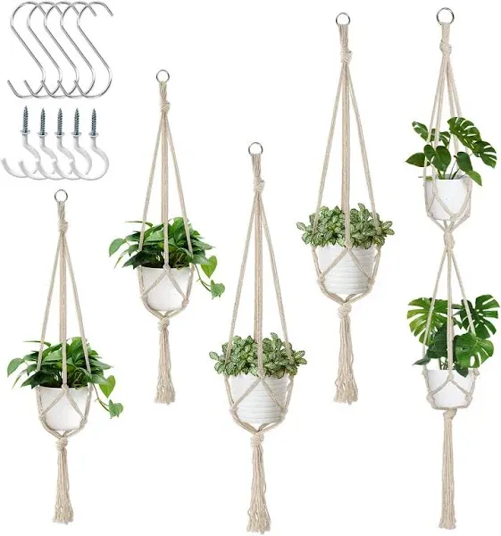 5 Pack Macrame Plant Hangers, Indoor Hanging Plant Holder with S Hooks and Hook Nails, 3 Sizes 34"/40"/54", Handmade Macrame Planter Hanging Baskets for Small Plant Pots, Boho Home Decor (Beige)