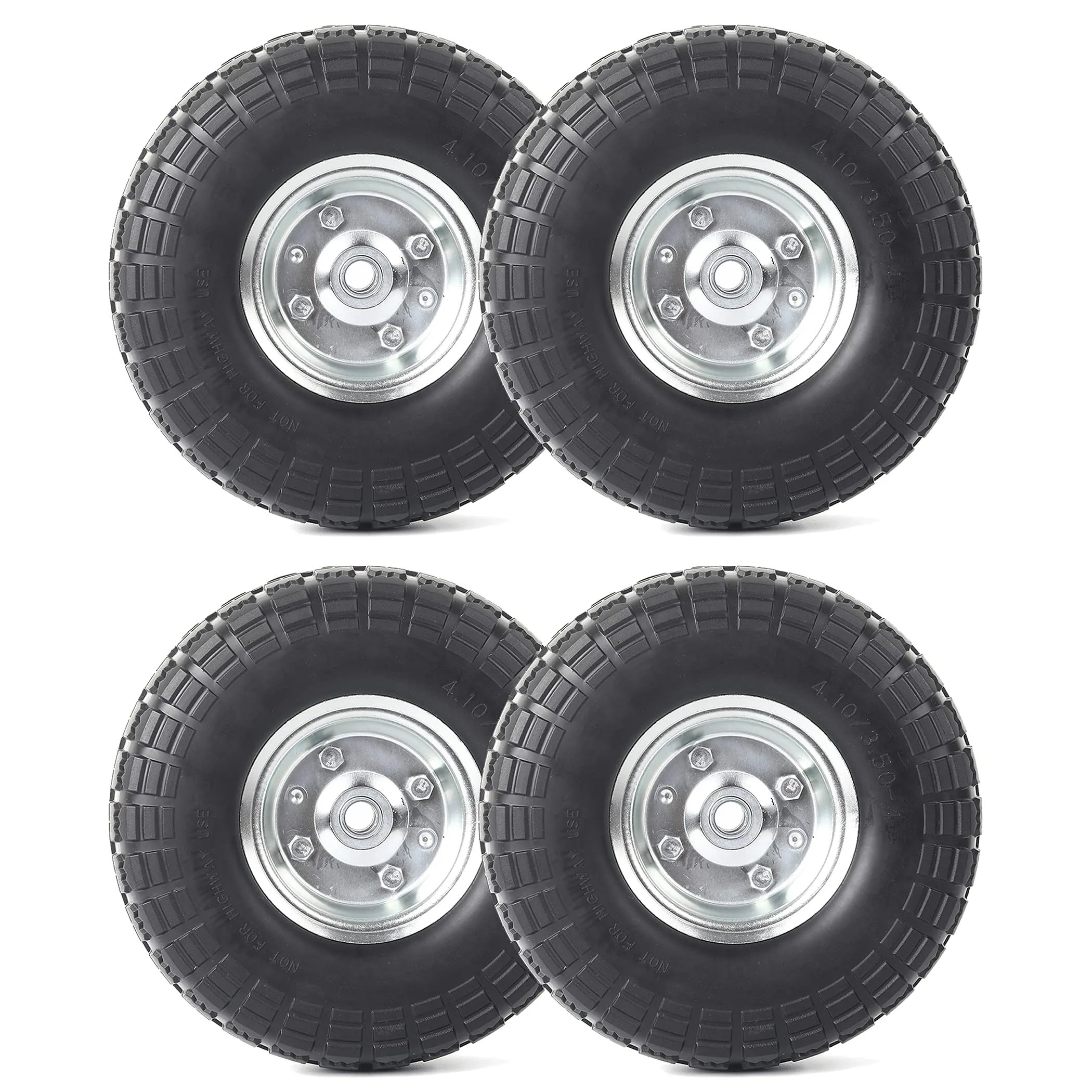 4.10/3.50-4&#034; Flat Free Tire and Wheel (4-Pack) - 10 Inch Solid Rubber Tires