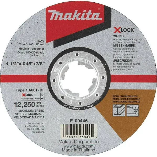 Makita E-00446 X-Lock 4-1/2" x .045" x 7/8" Type 1 General Purpose 60 Grit Thin Cut‑Off Wheel for Metal and Stainless Steel Cutting