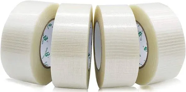 Bomei Pack 4Rolls Bi Directional Filament Tape, Fiberglass Reinforced Strapping Tape, 6.7Mil x 2Inch x 55yds