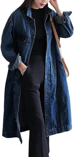 Womens Classic Long Jean Jacket Plus Size Loose Long Sleeve Button Down Denim...