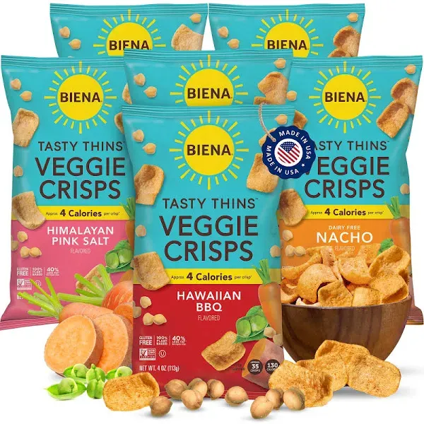 BIENA Tasty Thins Veggie Crisps - Low-Calorie Veggie Chips for Adults and Kids - Variety Pack (6x4-oz Bags) - Hawaiian BBQ, Himalayan Pink Salt, & Nacho