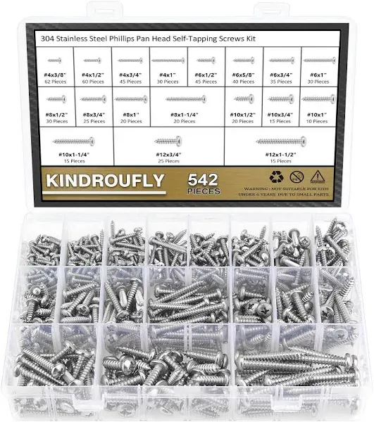 Kindroufly 542 Pieces #4#6#8#10#12 Phillips Pan Head Self-Tapping Screws