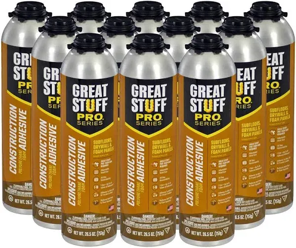 GREAT STUFF PRO Construction Adhesive for Wall & Floor - 26.5oz Polyurethane Foam Adhesive for Subfloors, Drywall & Foam Panels. One Component, Off White, Pack of 12