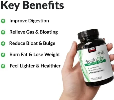 Force Factor ProbioSlim + Prebiotic Fiber Weight Loss Supplement for Women and Men, Probiotic and Prebiotic Digestive Health Support with Green Tea Extract and Psyllium Husk Fiber, 120 Capsules