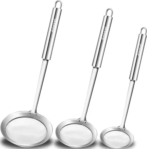 Anaeat Stainless Steel Fat Skimmer Spoon - Set of 3 Professional Kitchen Fine Mesh Food Strainer and Hot Pot Skimmer with Long H