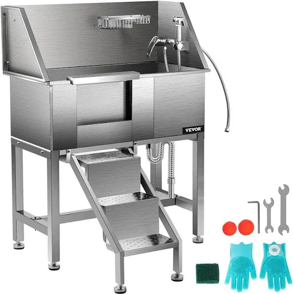 VEVOR 50" Pet Dog Bathing Station w/Stairs Professional Stainless Steel Dog Grooming Tub w/Soap Box